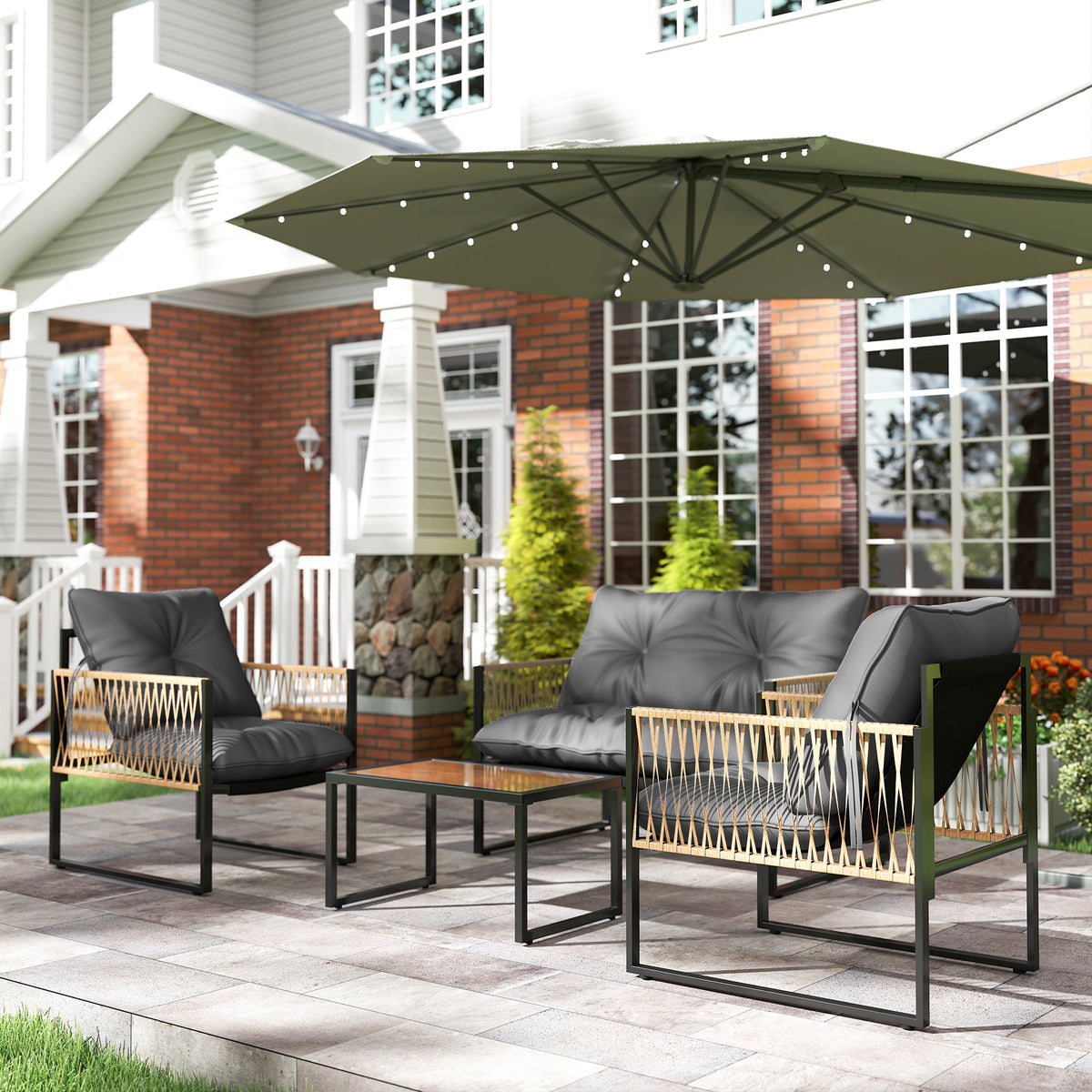 4-teiliges Gartenmöbel-Set aus Polyrattan mit Glastisch