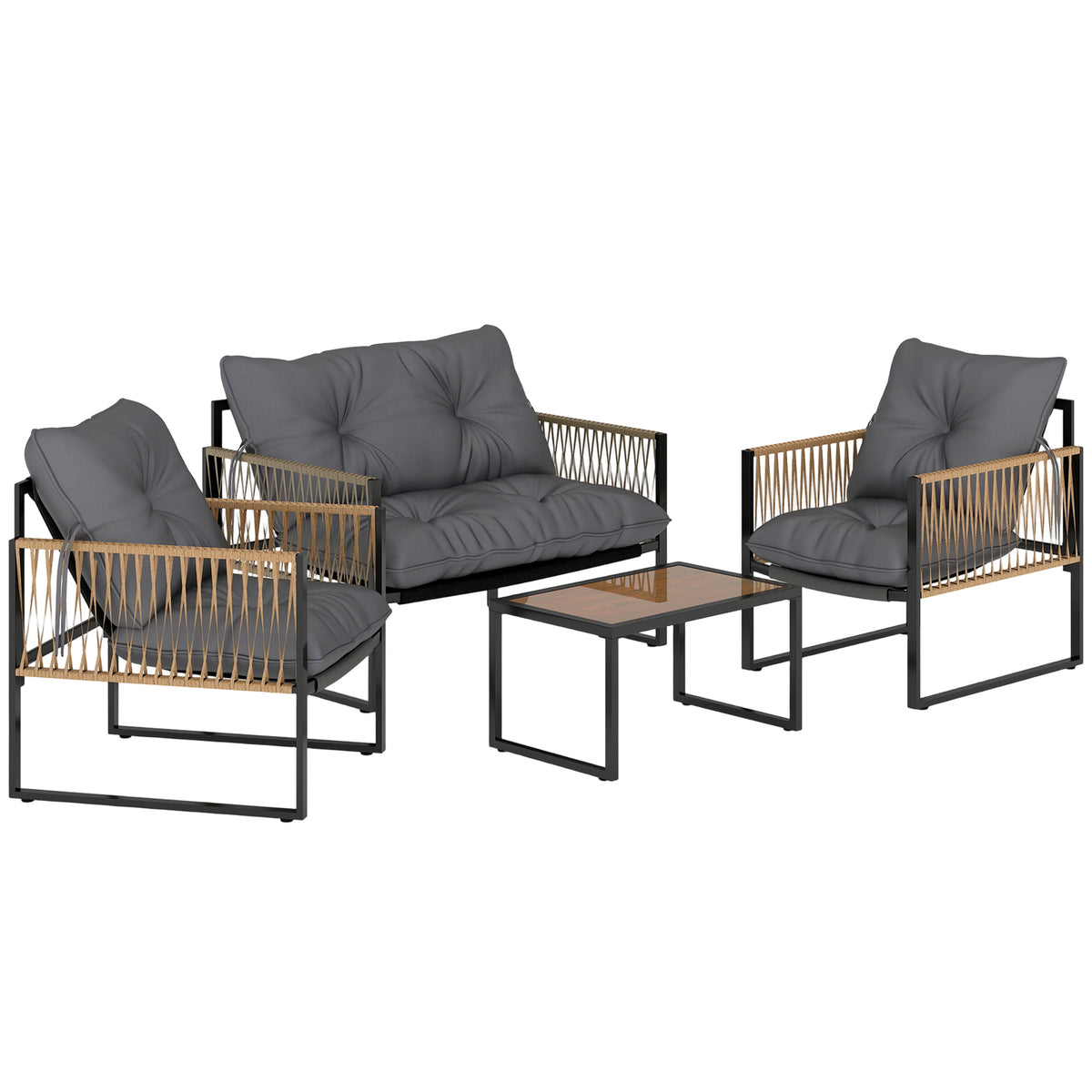 4-teiliges Gartenmöbel-Set aus Polyrattan mit Glastisch