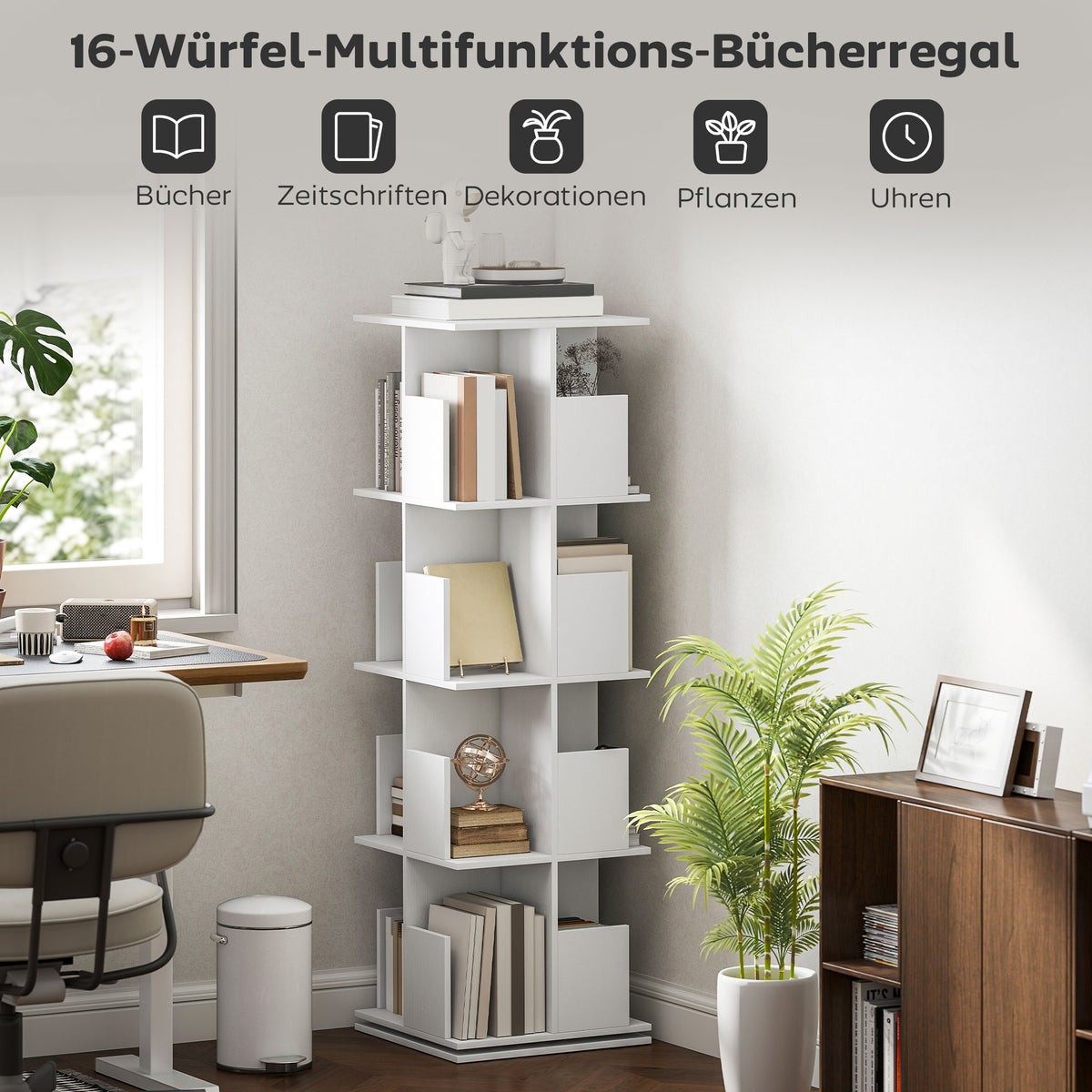 Drehbares Bücherregal mit 4 Ebenen und 16 Fächern