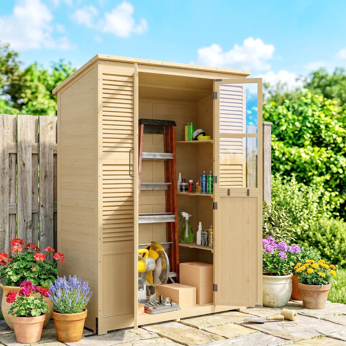 Gartenschrank aus Tannenholz mit sechs Regalböden