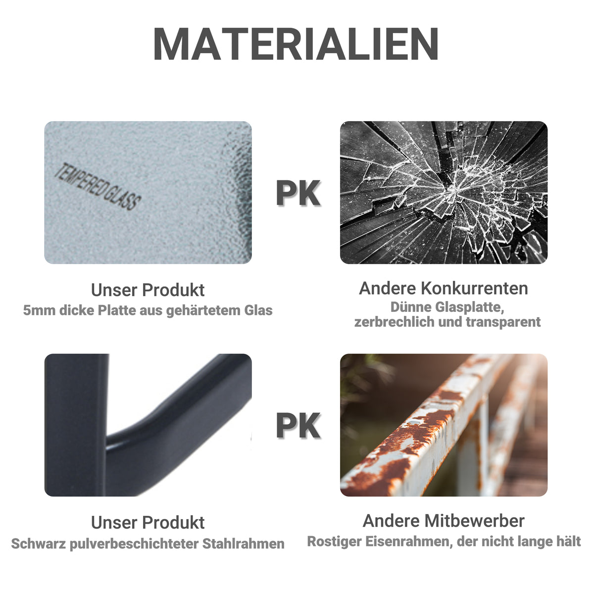 Quadratischer Gartentisch mit Hartglasplatte