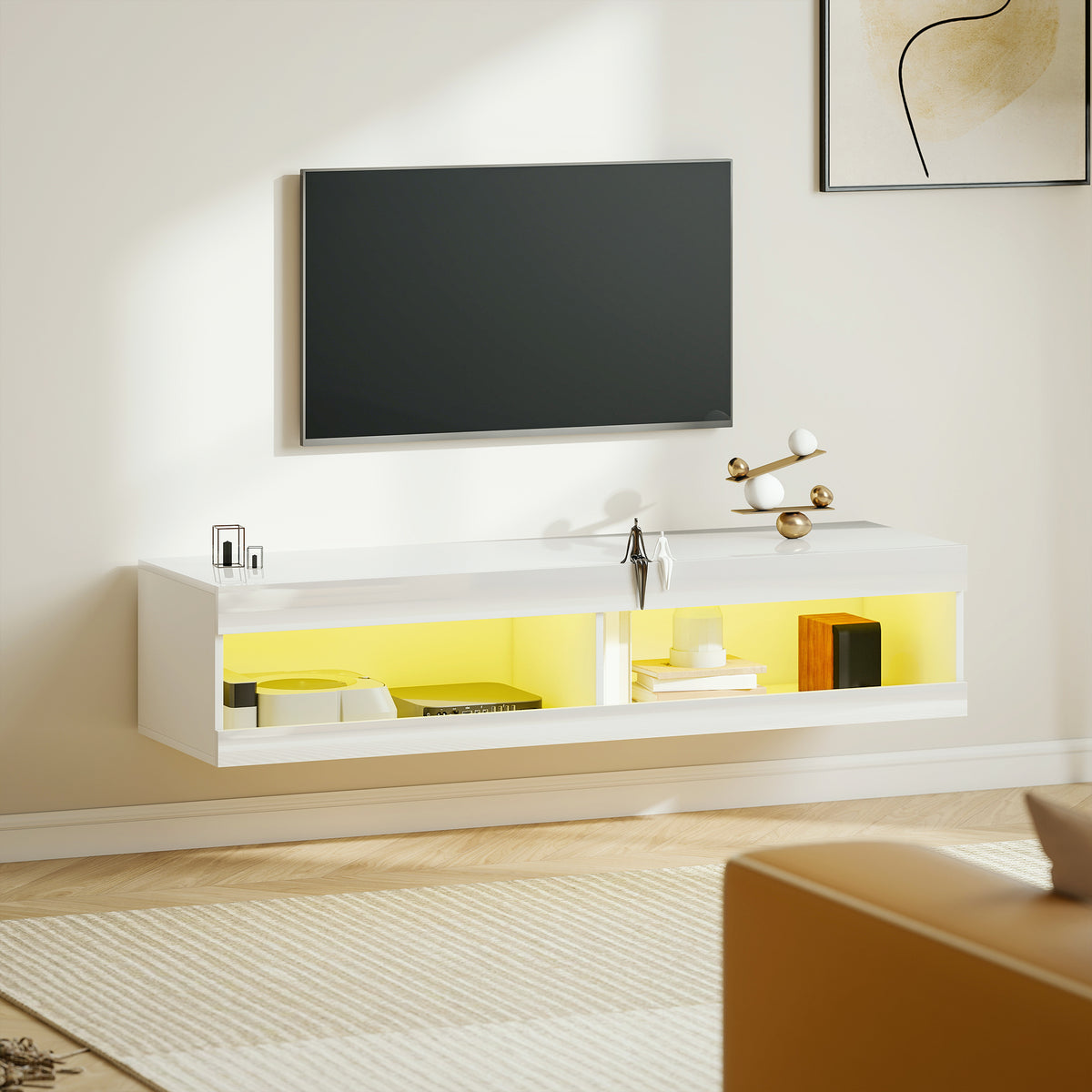 Hängendes TV-Lowboard mit RGB-LED-Beleuchtung