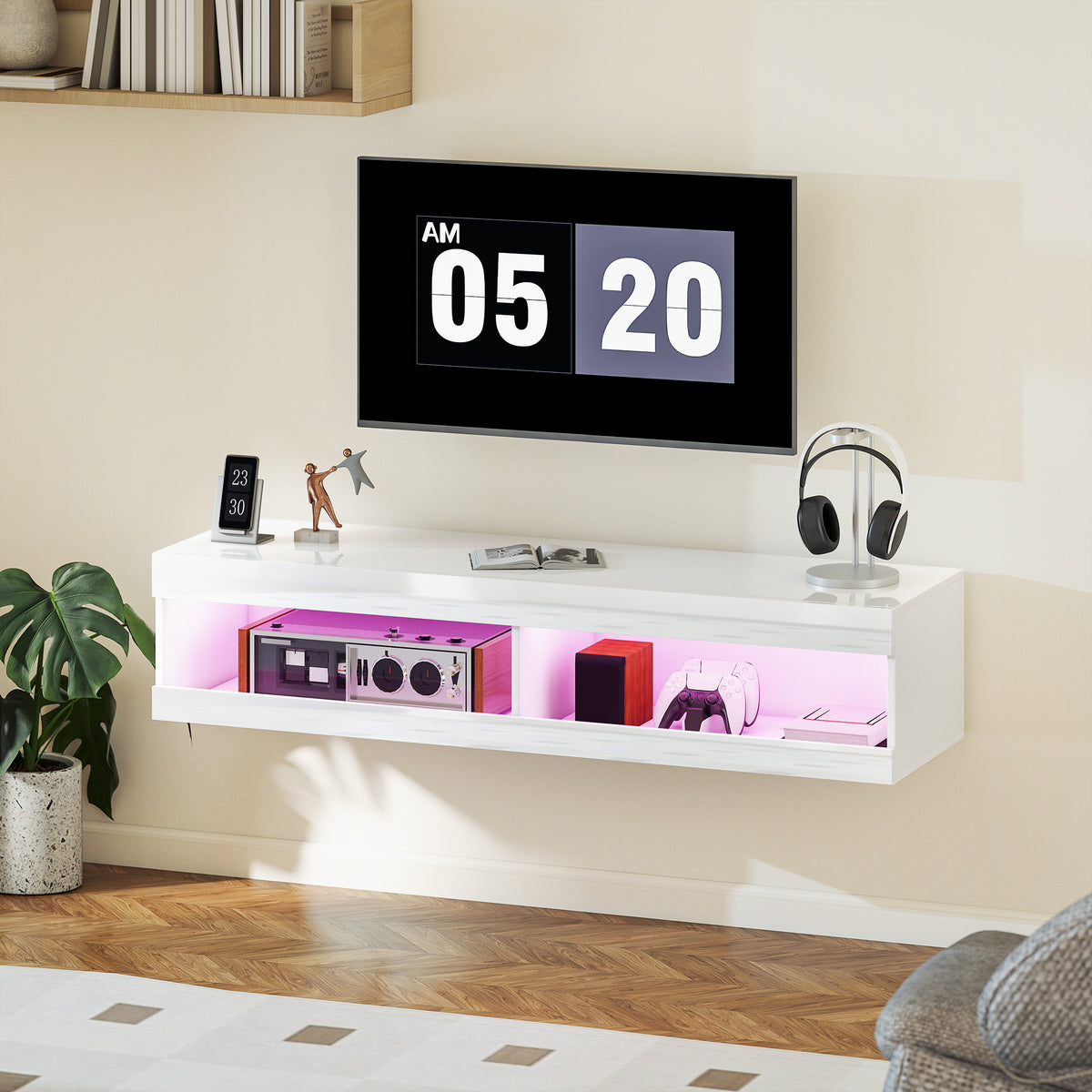 Hängendes TV-Lowboard mit RGB-LED-Beleuchtung