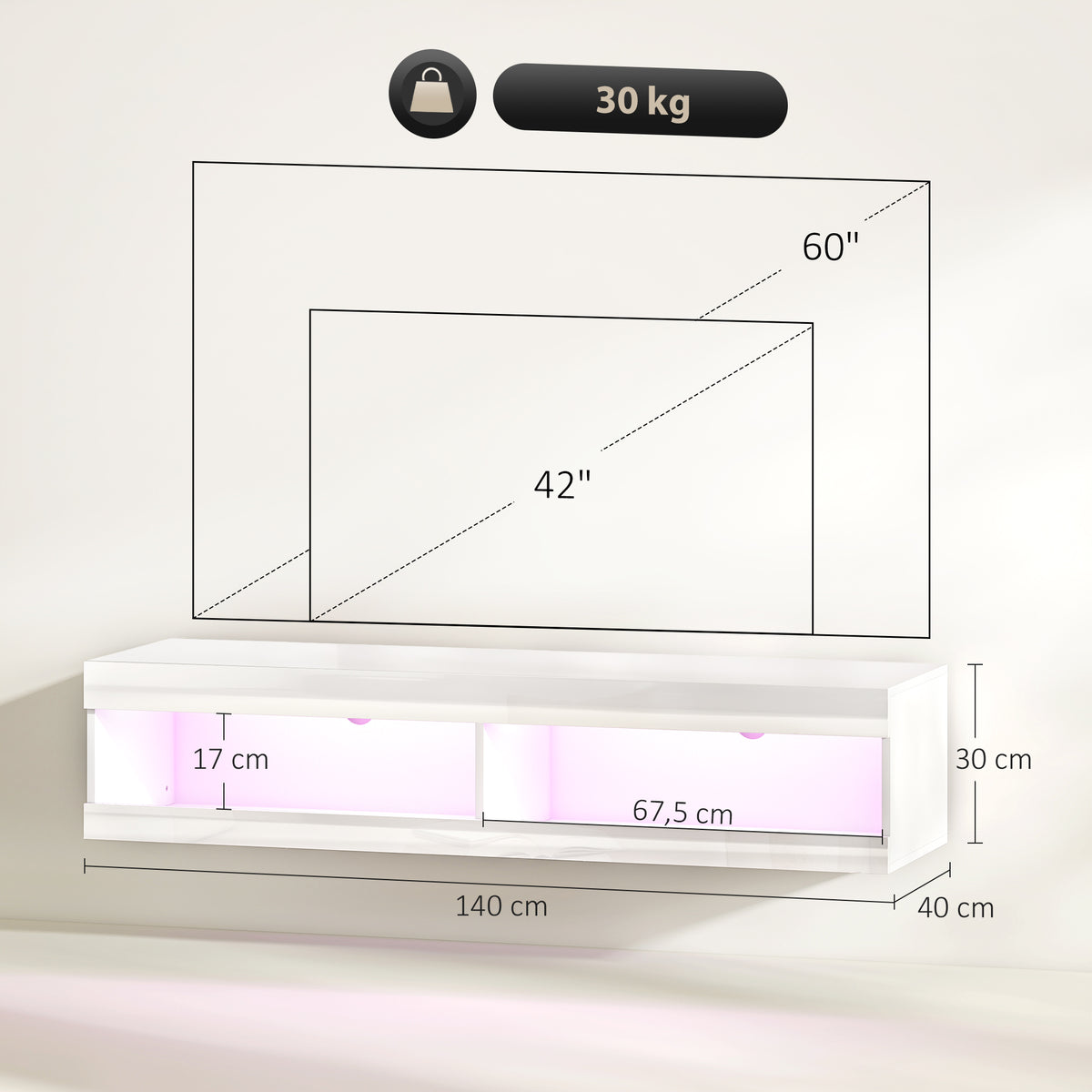 Hängendes TV-Lowboard mit RGB-LED-Beleuchtung