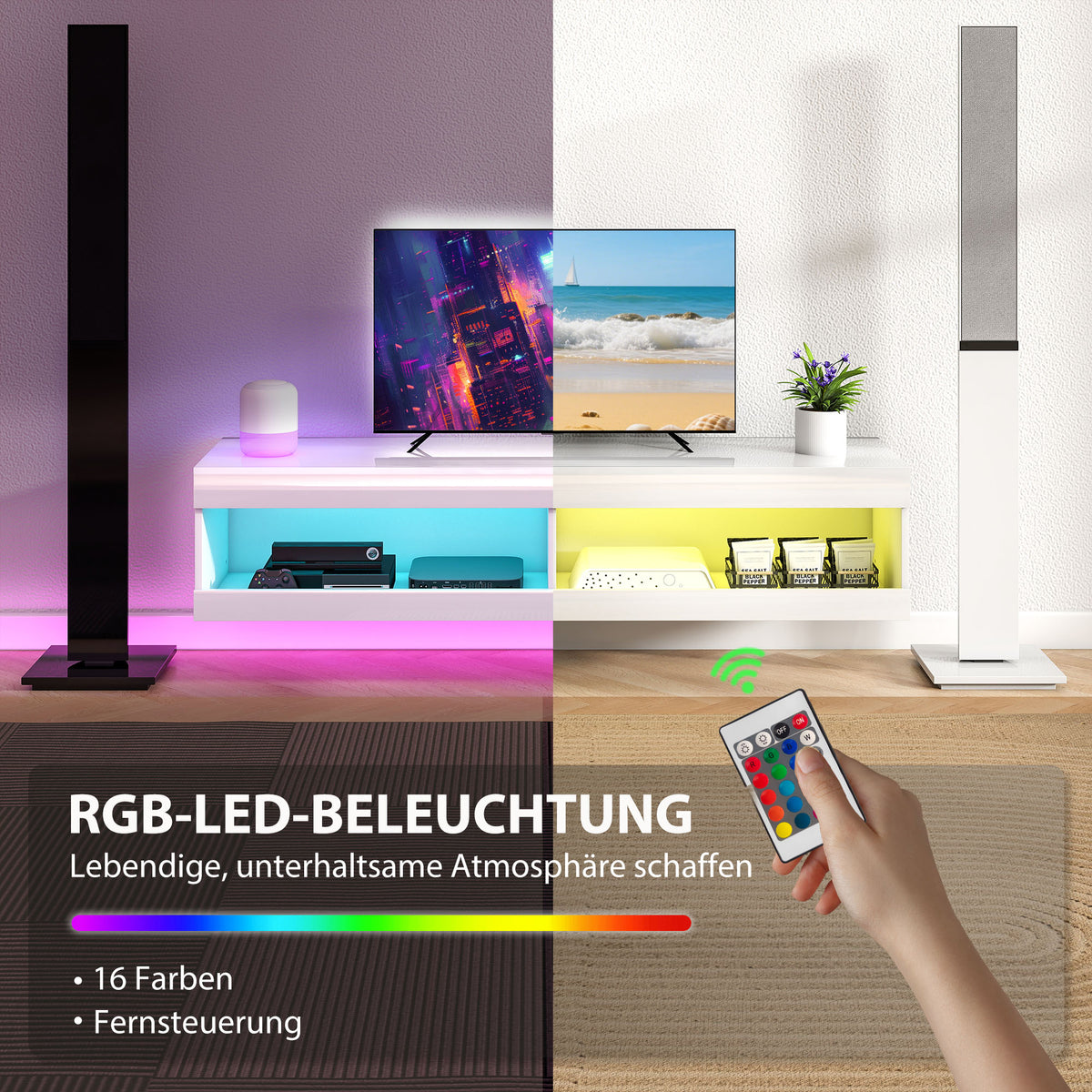 Hängendes TV-Lowboard mit RGB-LED-Beleuchtung