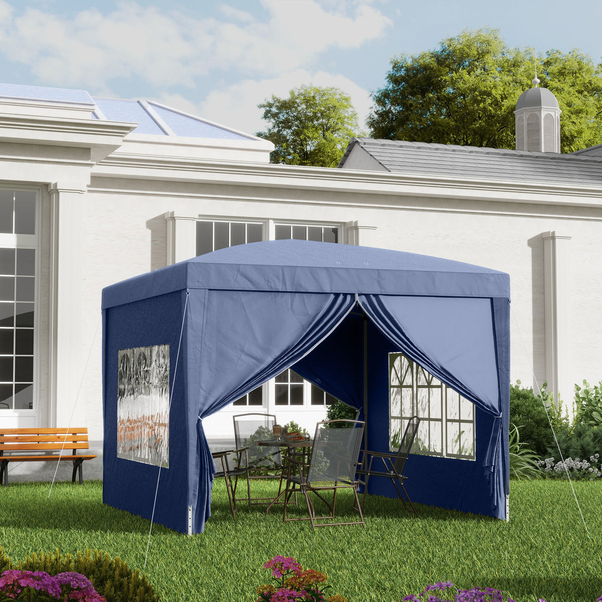 Faltpavillon mit vier Seitenwänden und Stahlrahmen