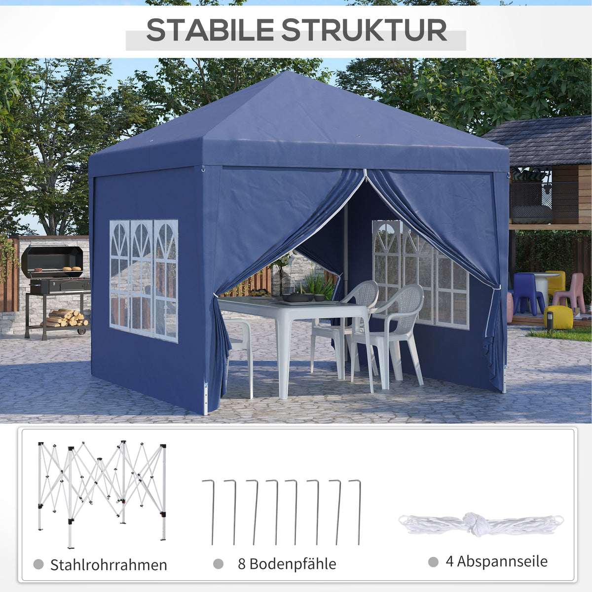 Faltpavillon mit vier Seitenwänden und Stahlrahmen