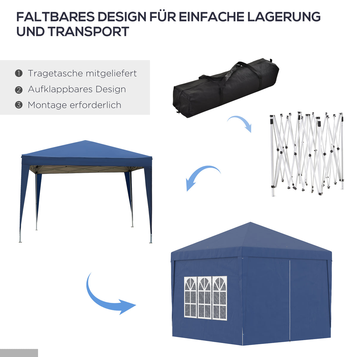 Faltpavillon mit vier Seitenwänden und Stahlrahmen
