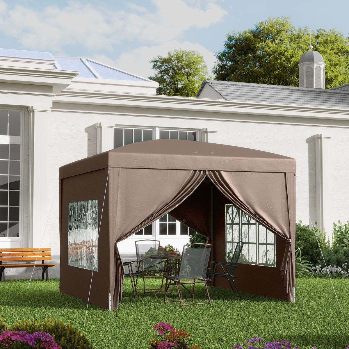 Faltpavillon mit vier Seitenwänden und Stahlrahmen