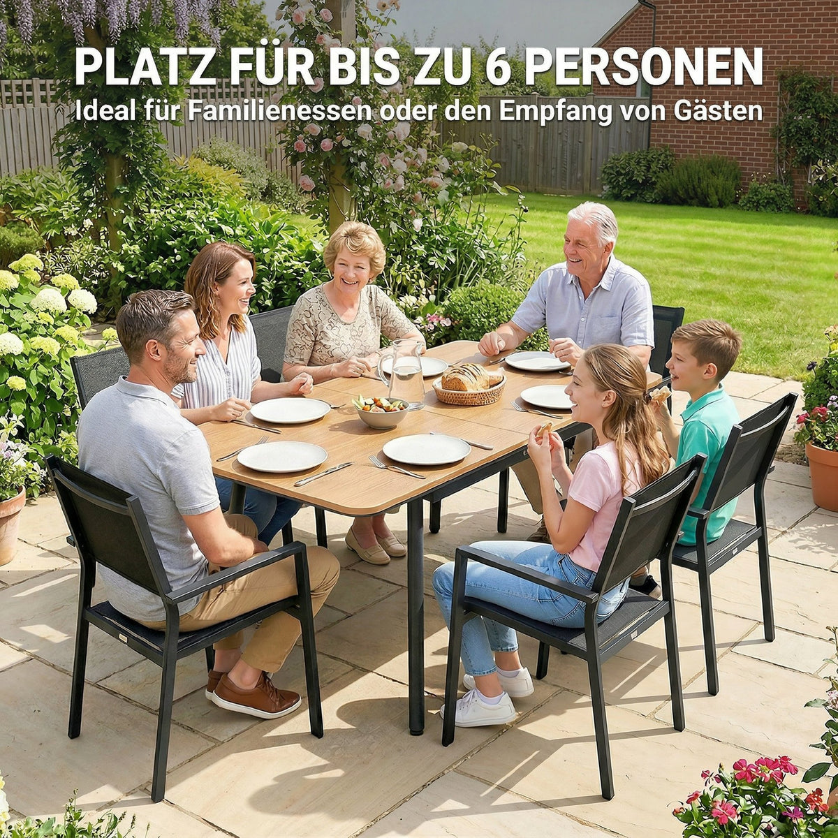 Gartentisch für sechs Personen mit WPC-Tischplatte