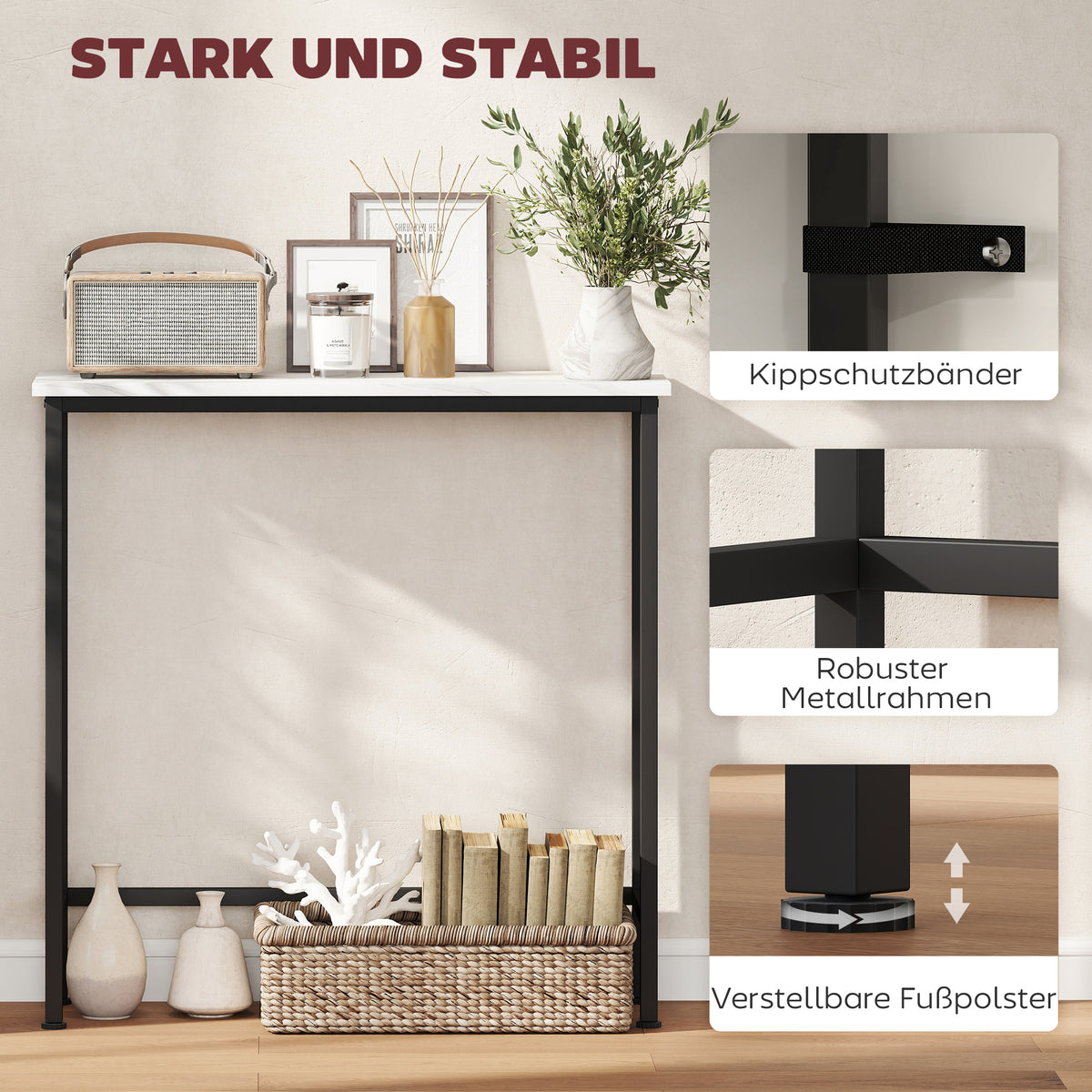 Schmaler Konsolentisch in Marmoroptik mit Kippschutz
