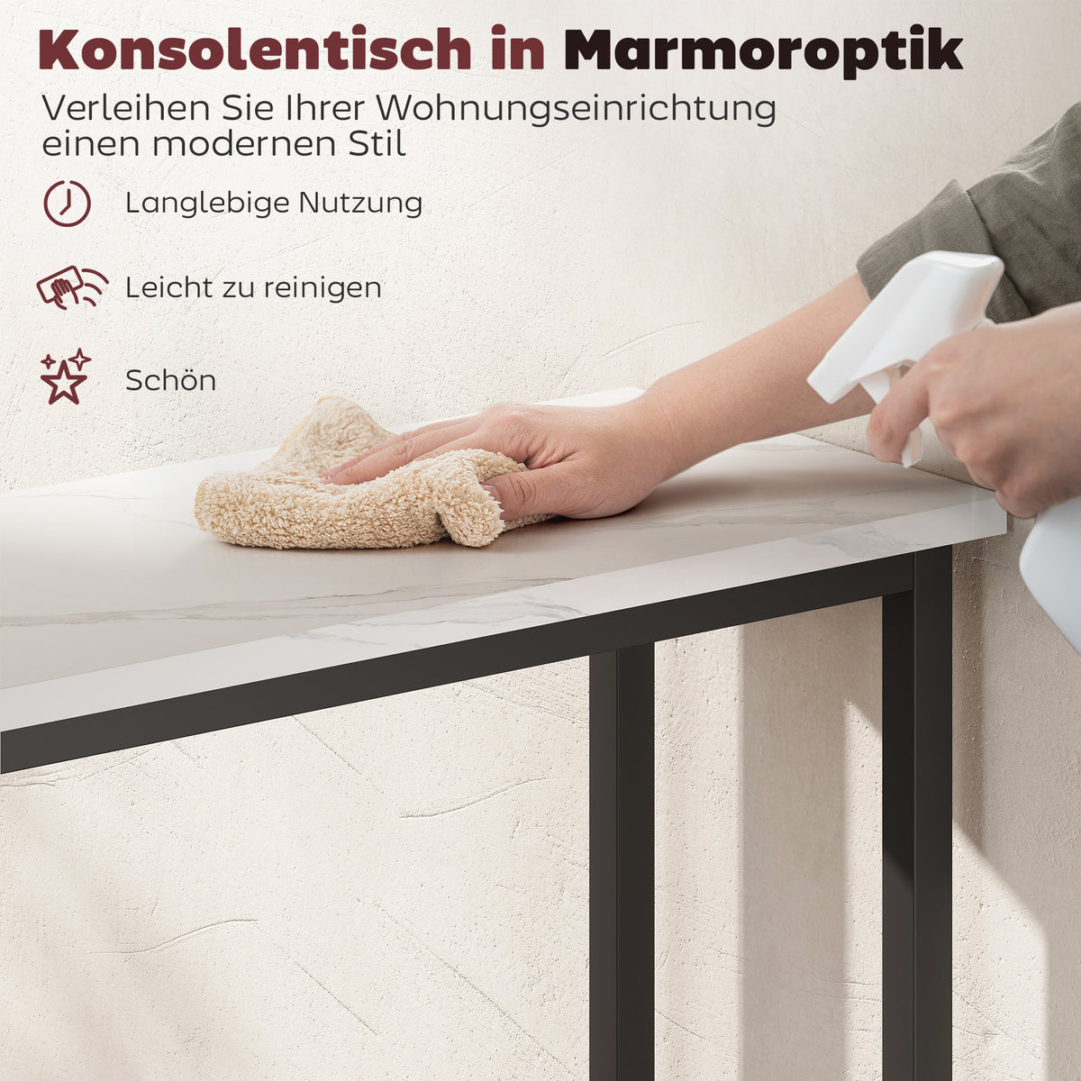 Schmaler Konsolentisch in Marmoroptik mit Kippschutz
