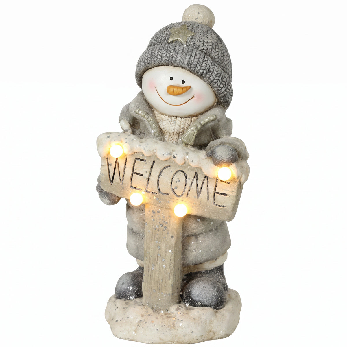 Weihnachtsfigur Schneemann mit Welcome-Schild und LED-Licht