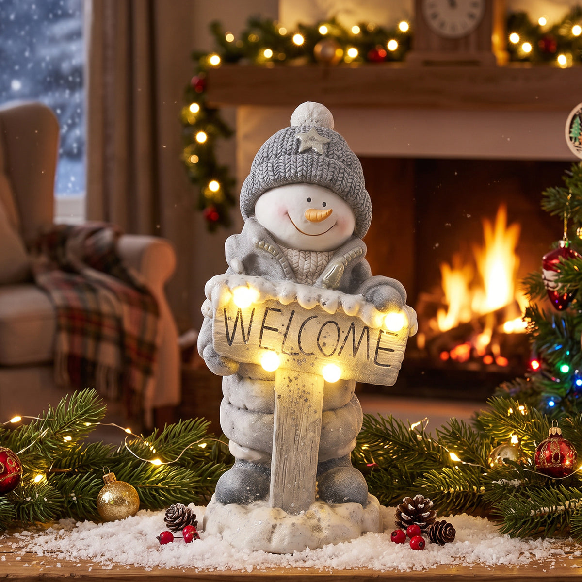 Weihnachtsfigur Schneemann mit Welcome-Schild und LED-Licht