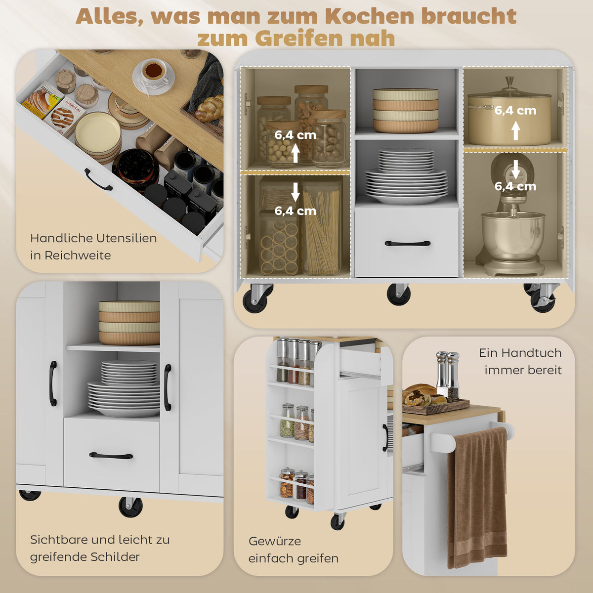 Rollbare Kücheninsel mit ausklappbarer Arbeitsfläche
