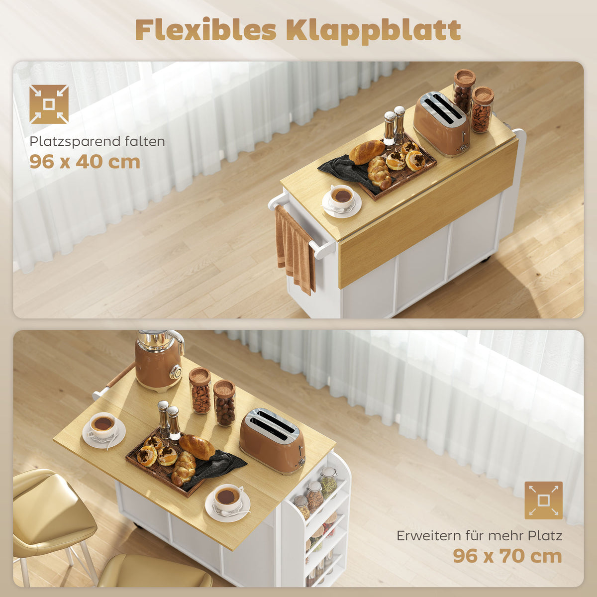 Rollbare Kücheninsel mit ausklappbarer Arbeitsfläche