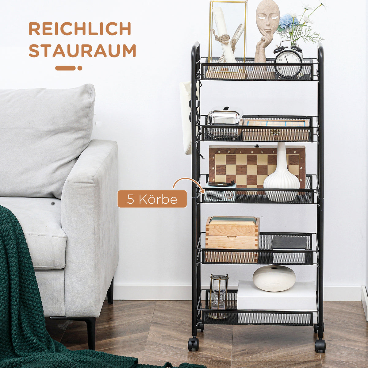 Küchenwagen aus Stahl mit Körben und Rollen