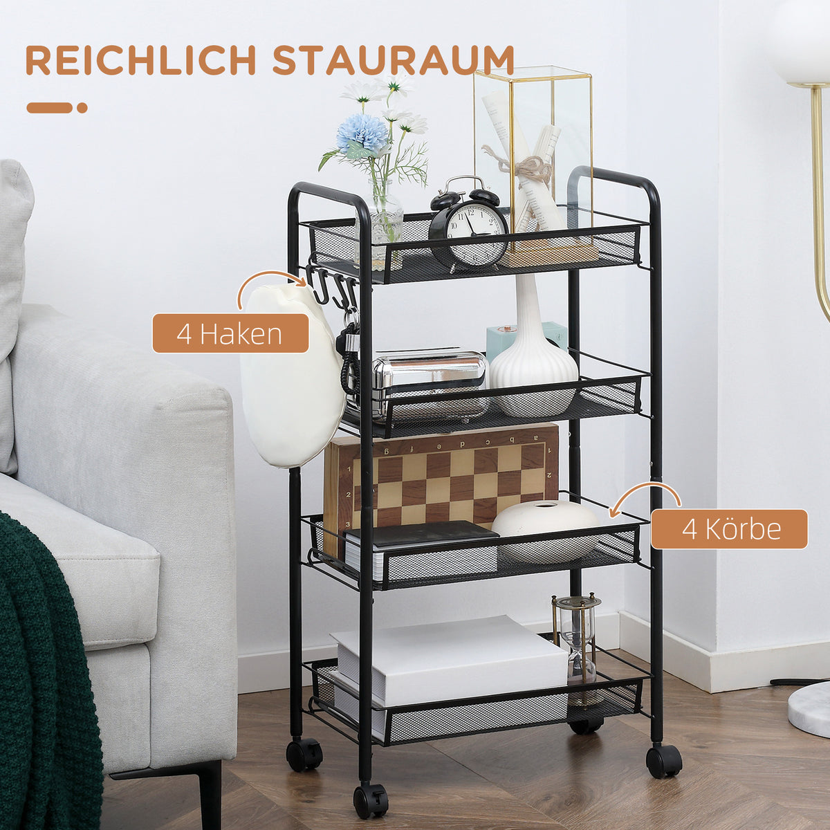 Küchenwagen aus Stahl mit Körben und Rollen