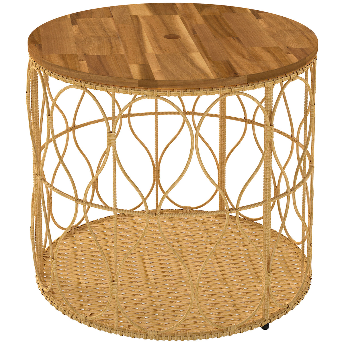 Runder Beistelltisch aus Akazienholz und Rattan