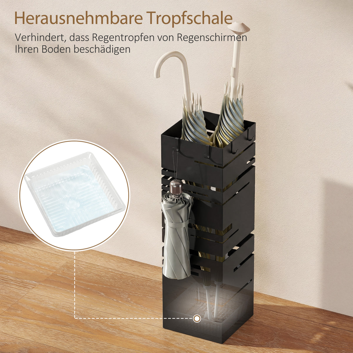 Regenschirmständer mit Tropfschale und vier Haken