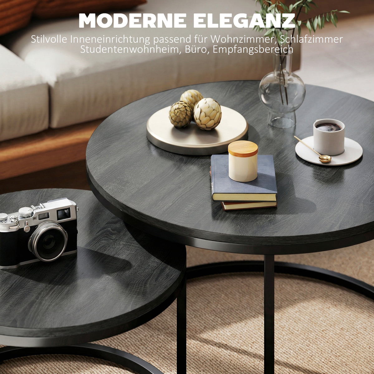 Rundes Couchtisch-Set, stapelbar, mit Metallgestell