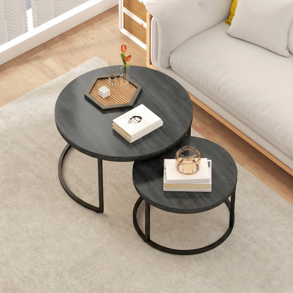 Rundes Couchtisch-Set, stapelbar, mit Metallgestell