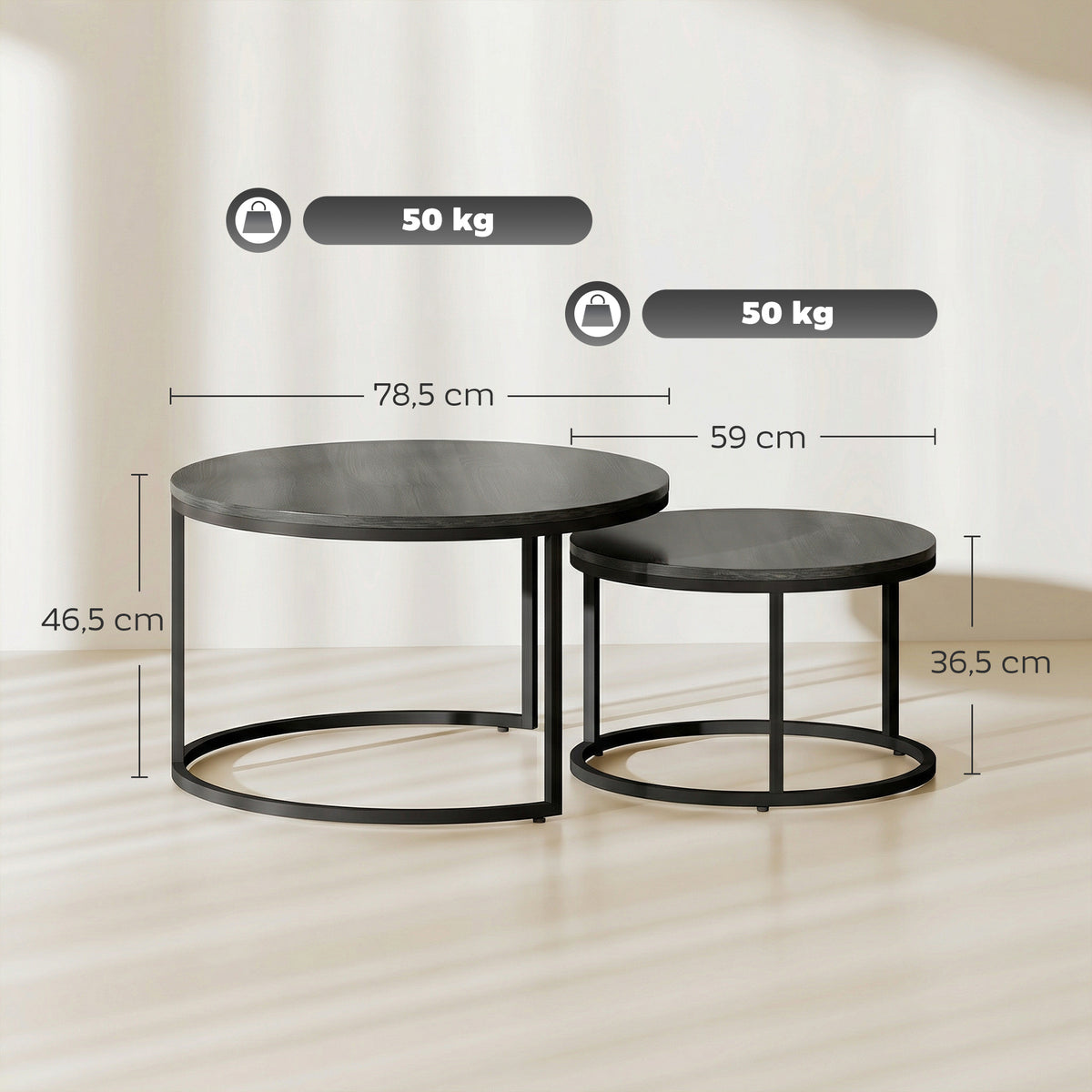 Rundes Couchtisch-Set, stapelbar, mit Metallgestell