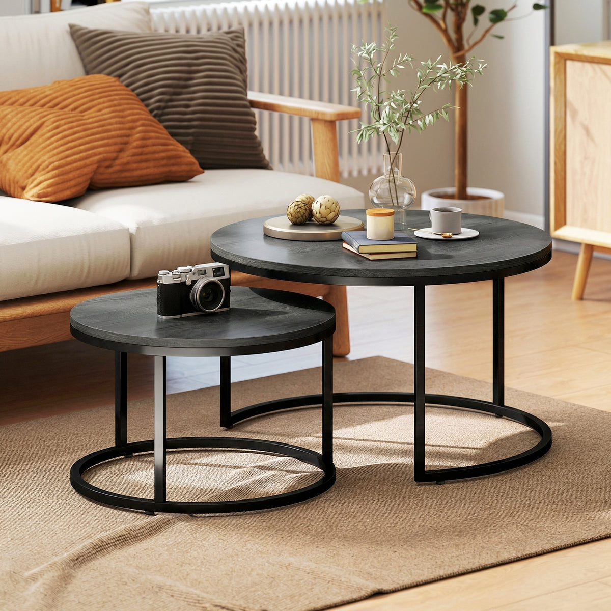 Rundes Couchtisch-Set, stapelbar, mit Metallgestell