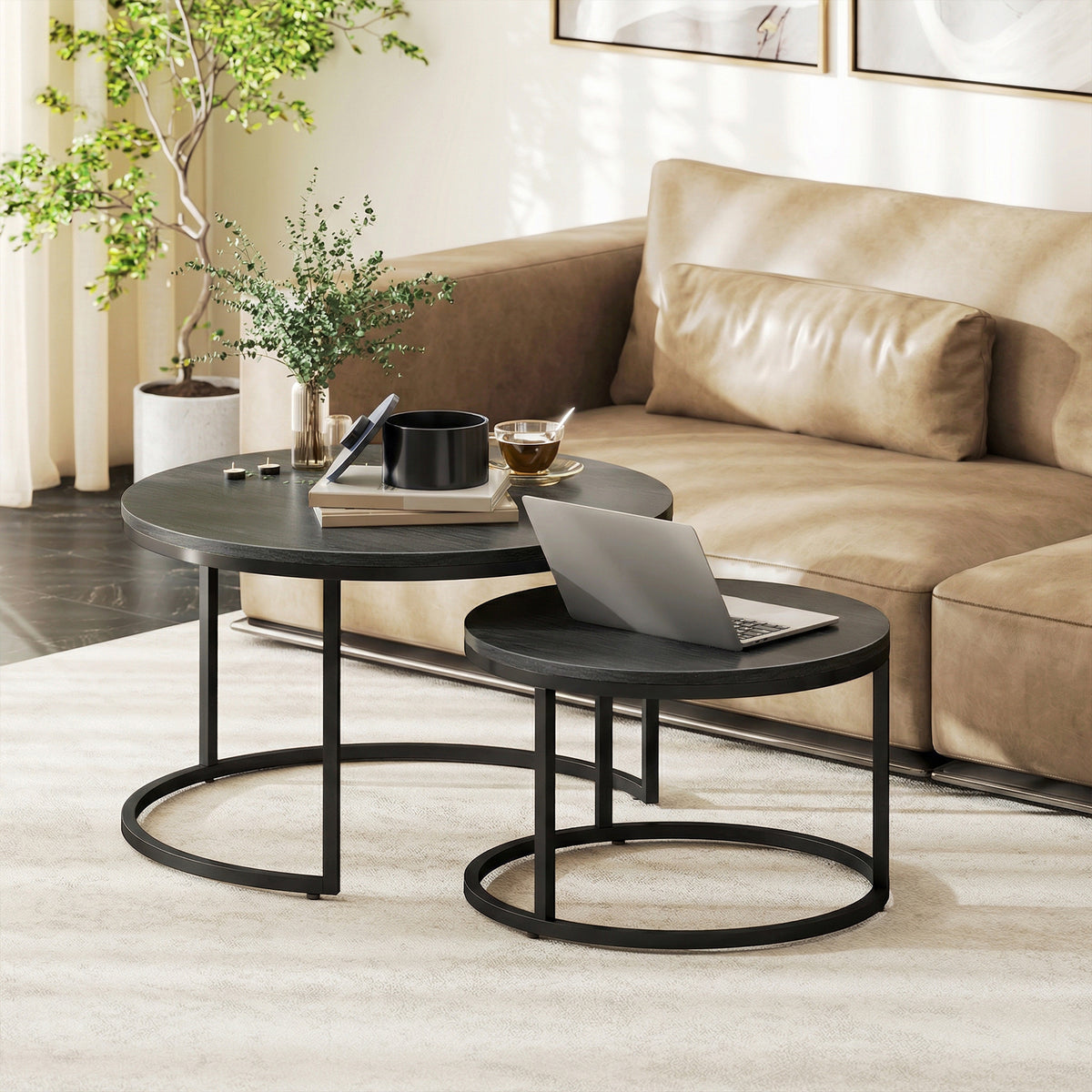 Rundes Couchtisch-Set, stapelbar, mit Metallgestell