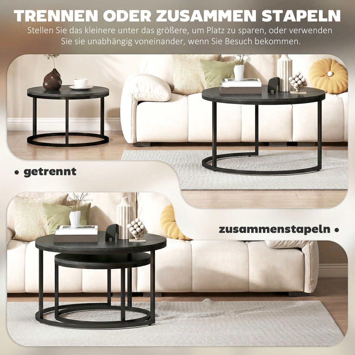 Rundes Couchtisch-Set, stapelbar, mit Metallgestell