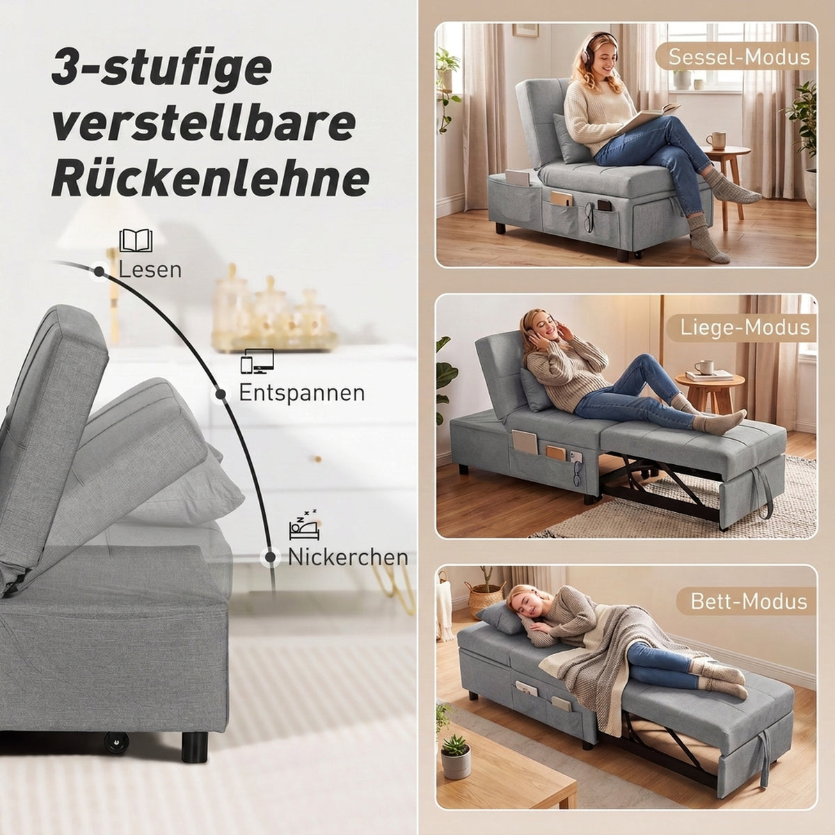Schlafsessel mit verstellbarer Rückenlehne und Rollen