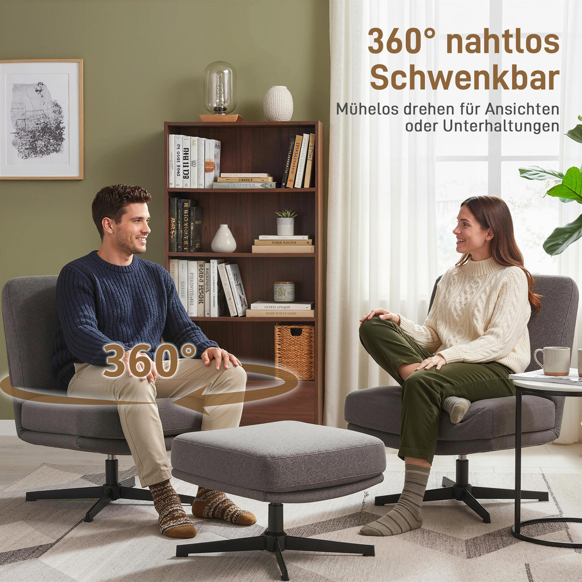 Drehbarer Sessel mit Hocker in Leinenoptik