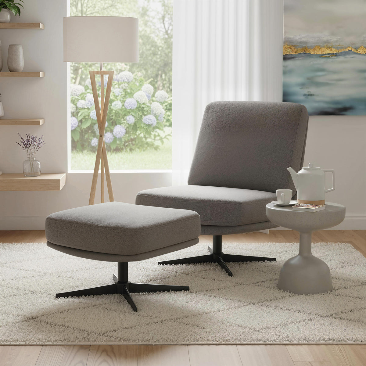 Drehbarer Sessel mit Hocker in Leinenoptik