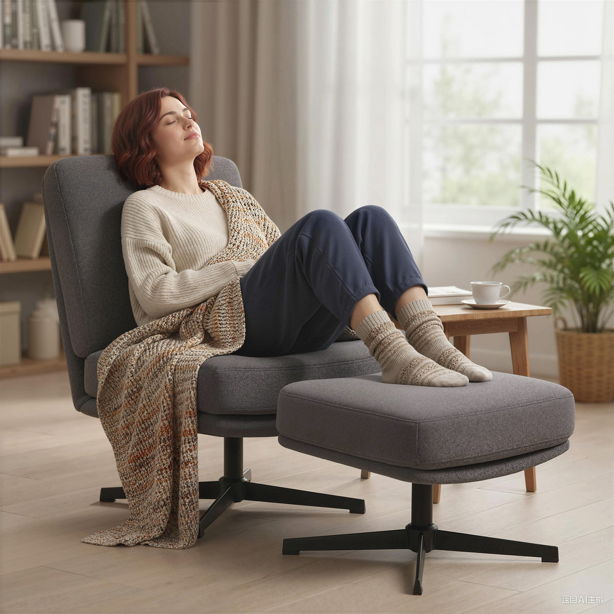 Drehbarer Sessel mit Hocker in Leinenoptik