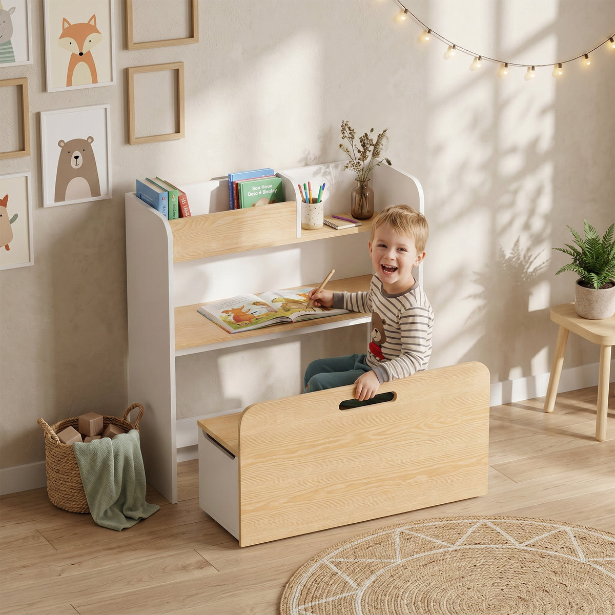 Kindertisch mit Sitzbank, Bücherregal und Stauraum