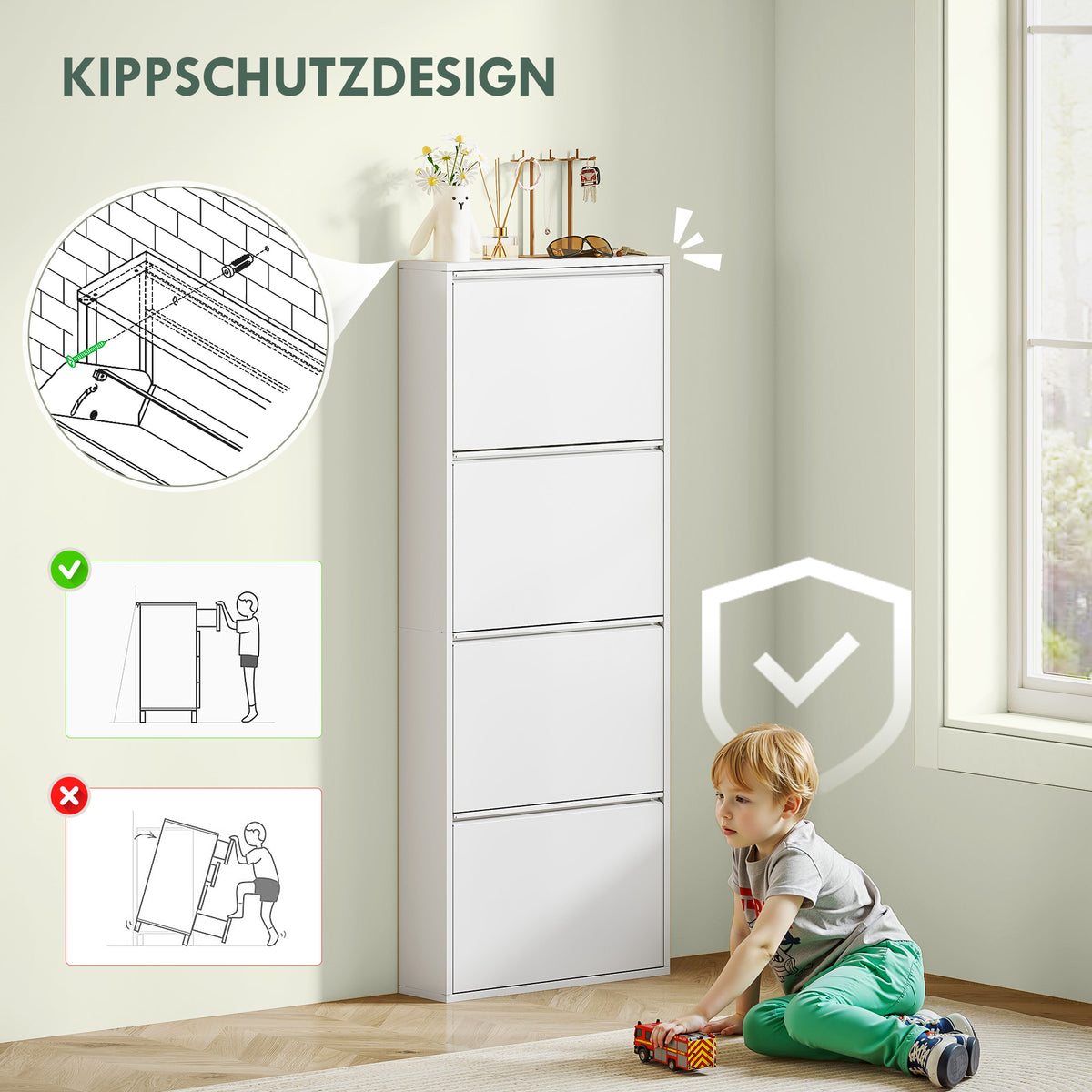 Schmaler Metall-Schuhschrank mit Klappfächern