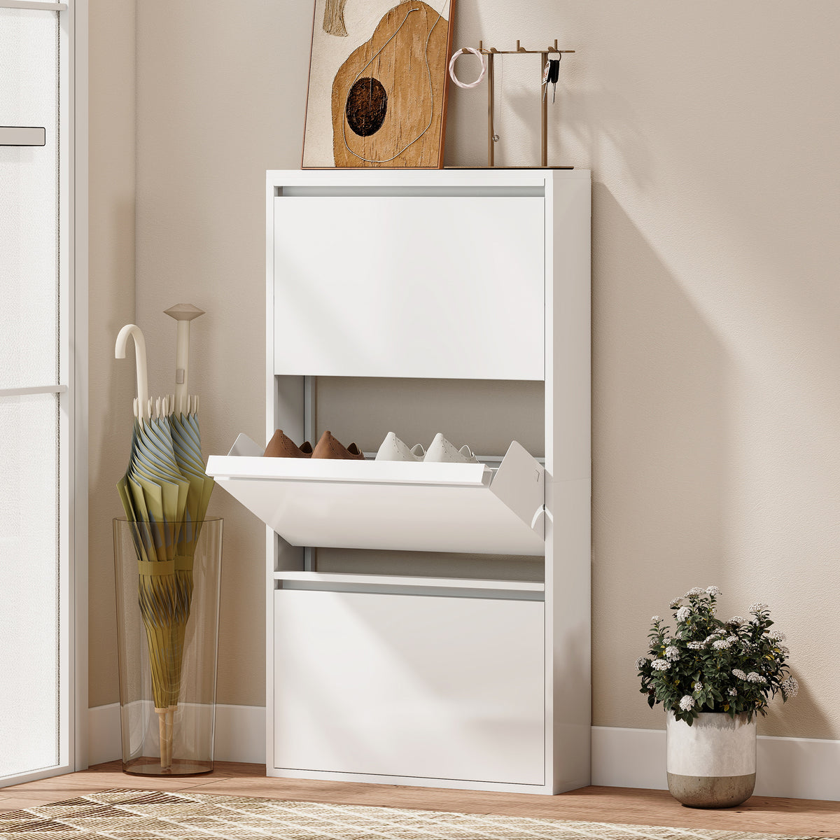 Schmaler Metall-Schuhschrank mit Klappfächern