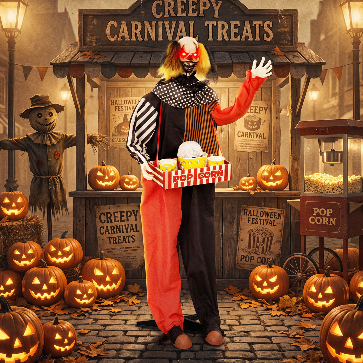 Animierter Halloween-Popcorn-Clown mit leuchtenden Augen
