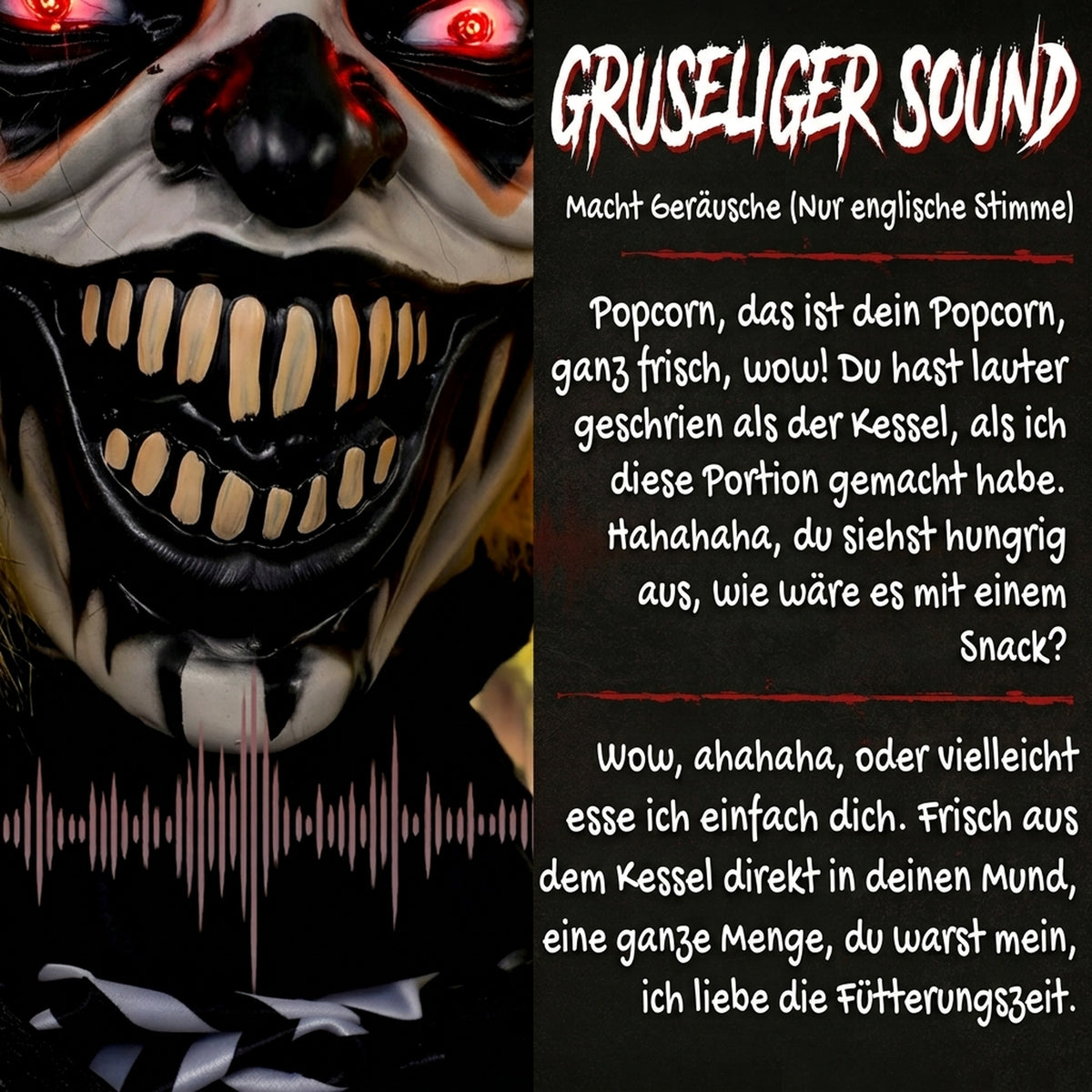 Animierter Halloween-Popcorn-Clown mit leuchtenden Augen