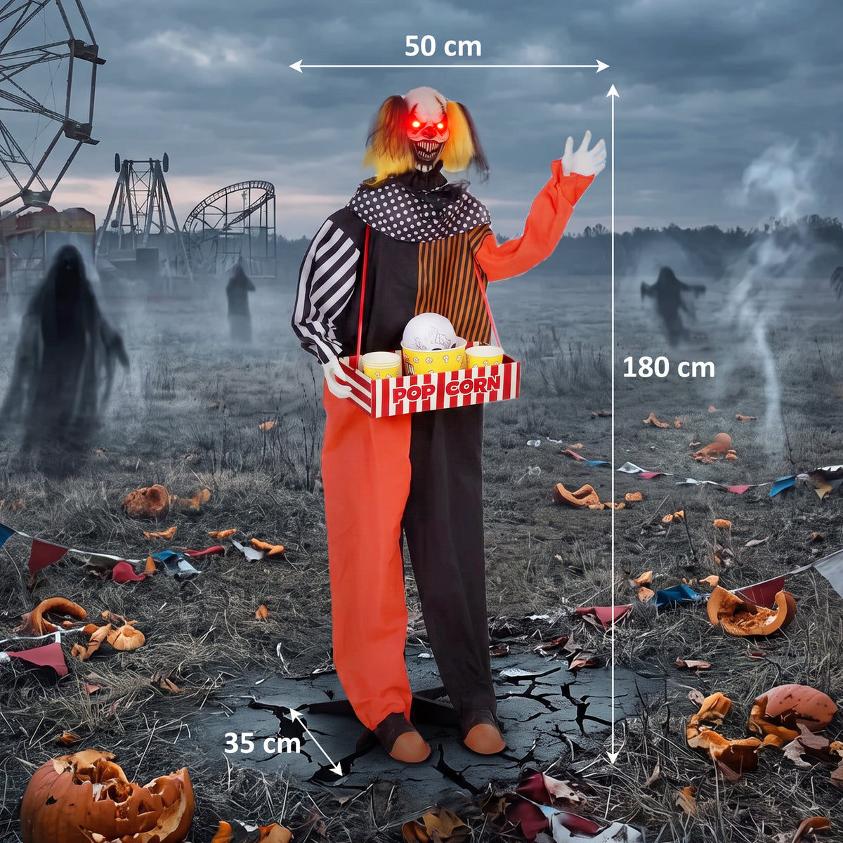Animierter Halloween-Popcorn-Clown mit leuchtenden Augen