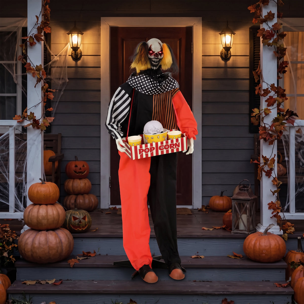 Animierter Halloween-Popcorn-Clown mit leuchtenden Augen