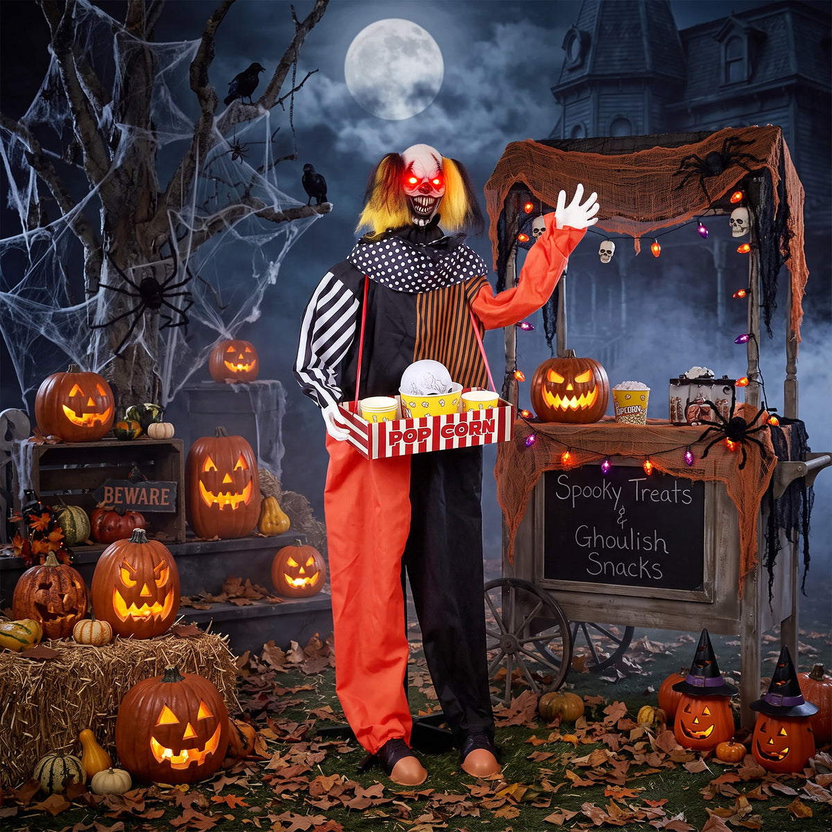 Animierter Halloween-Popcorn-Clown mit leuchtenden Augen