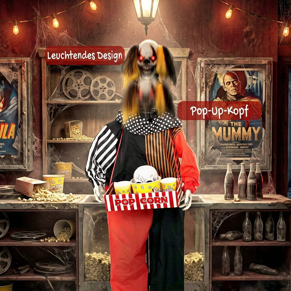 Animierter Halloween-Popcorn-Clown mit leuchtenden Augen