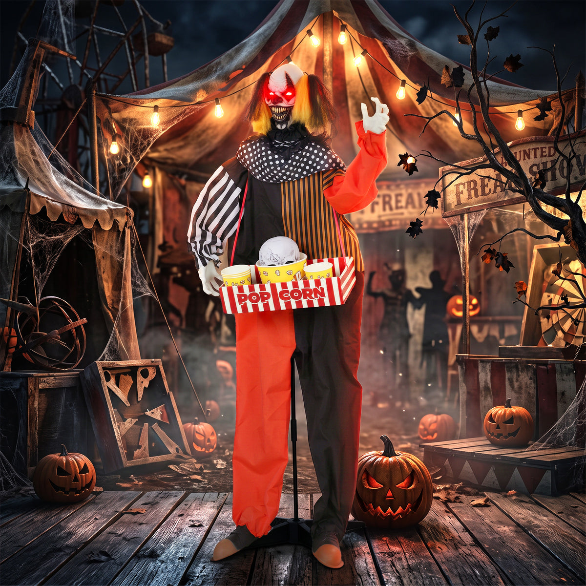 Animierter Halloween-Popcorn-Clown mit leuchtenden Augen