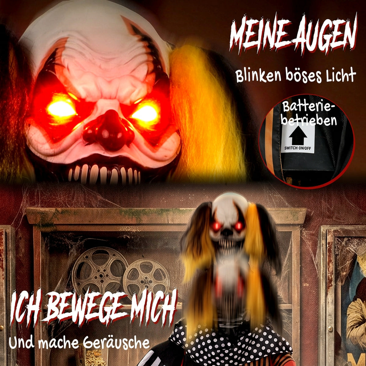 Animierter Halloween-Popcorn-Clown mit leuchtenden Augen