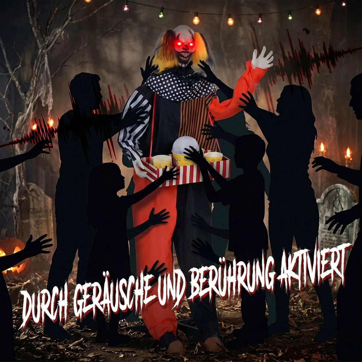 Animierter Halloween-Popcorn-Clown mit leuchtenden Augen