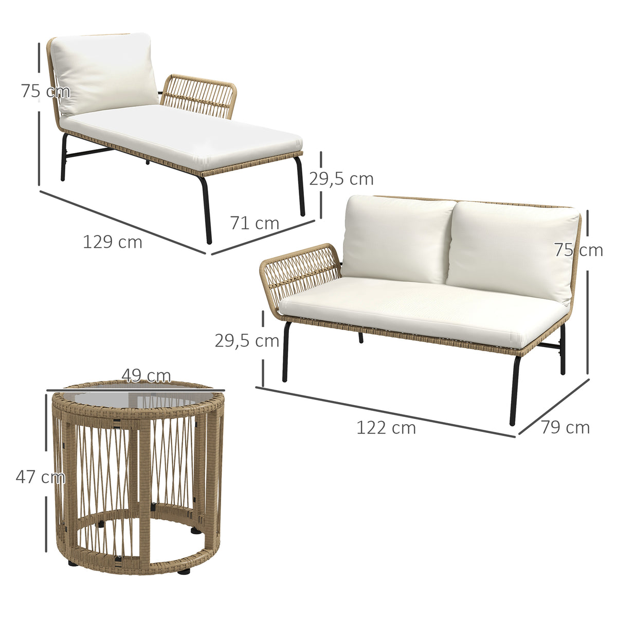 3-teiliges Polyrattan-Gartenmöbelset mit Sonnenliege