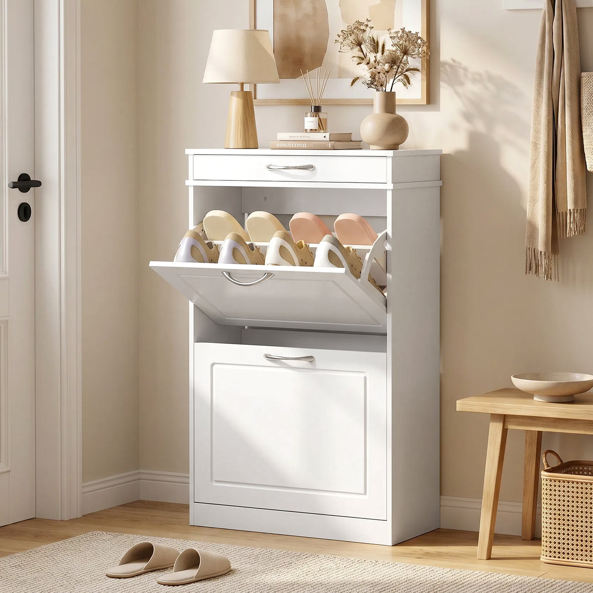 Schuhschrank 53 cm mit zwei Klappen und Schublade