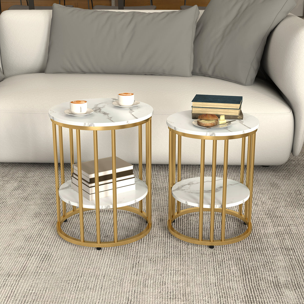 Rundes Couchtisch-Set mit offenem Stauraum
