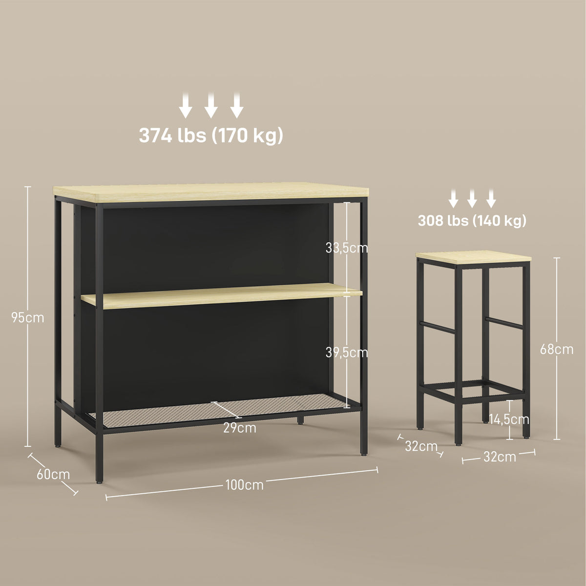 Bartisch-Set mit zwei Barhockern und Ablagen